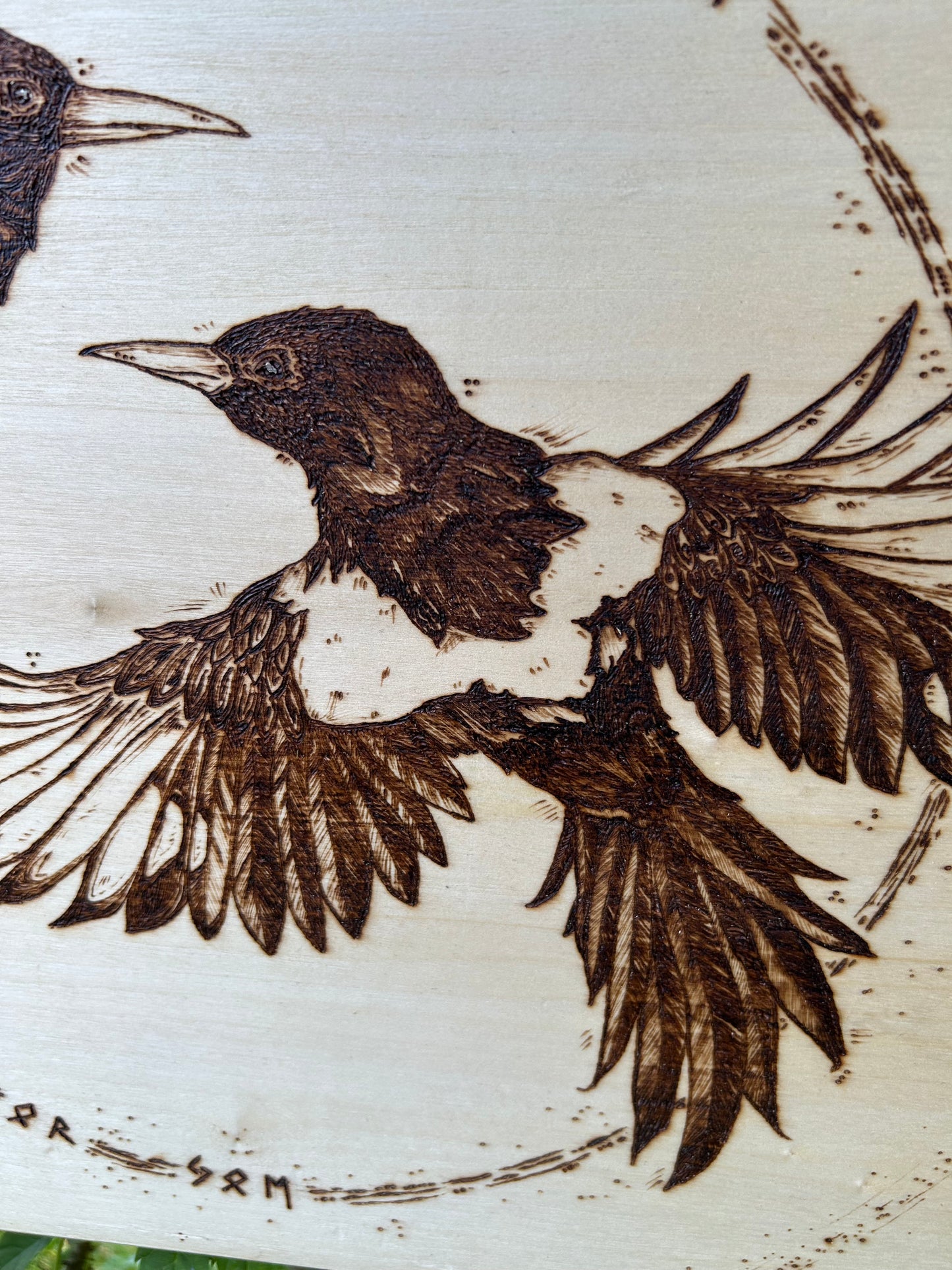 Two For Joy ~ Magpie Pyrography Wall Hanging