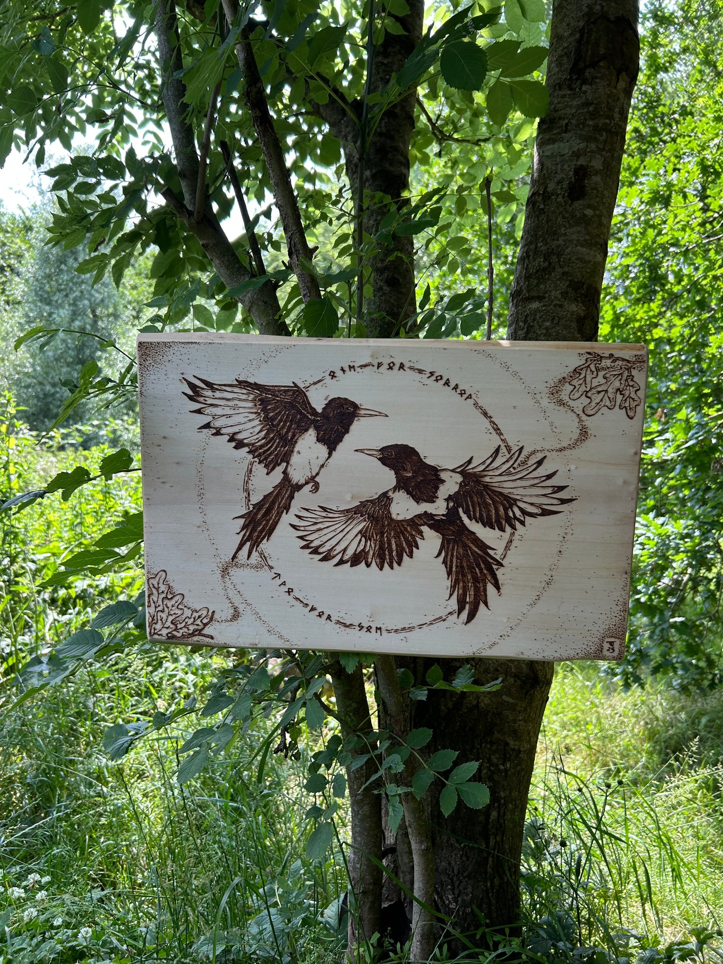 Two For Joy ~ Magpie Pyrography Wall Hanging