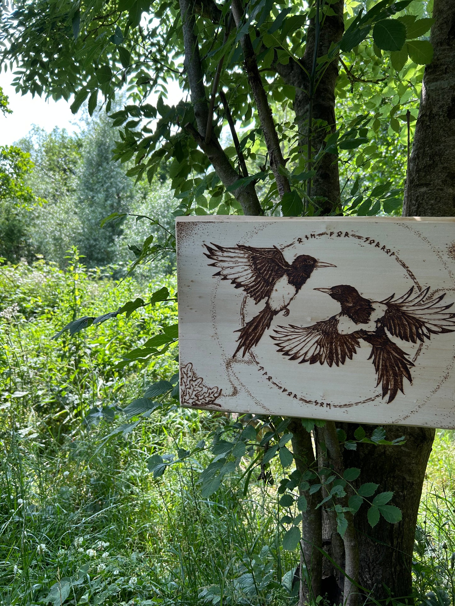 Two For Joy ~ Magpie Pyrography Wall Hanging