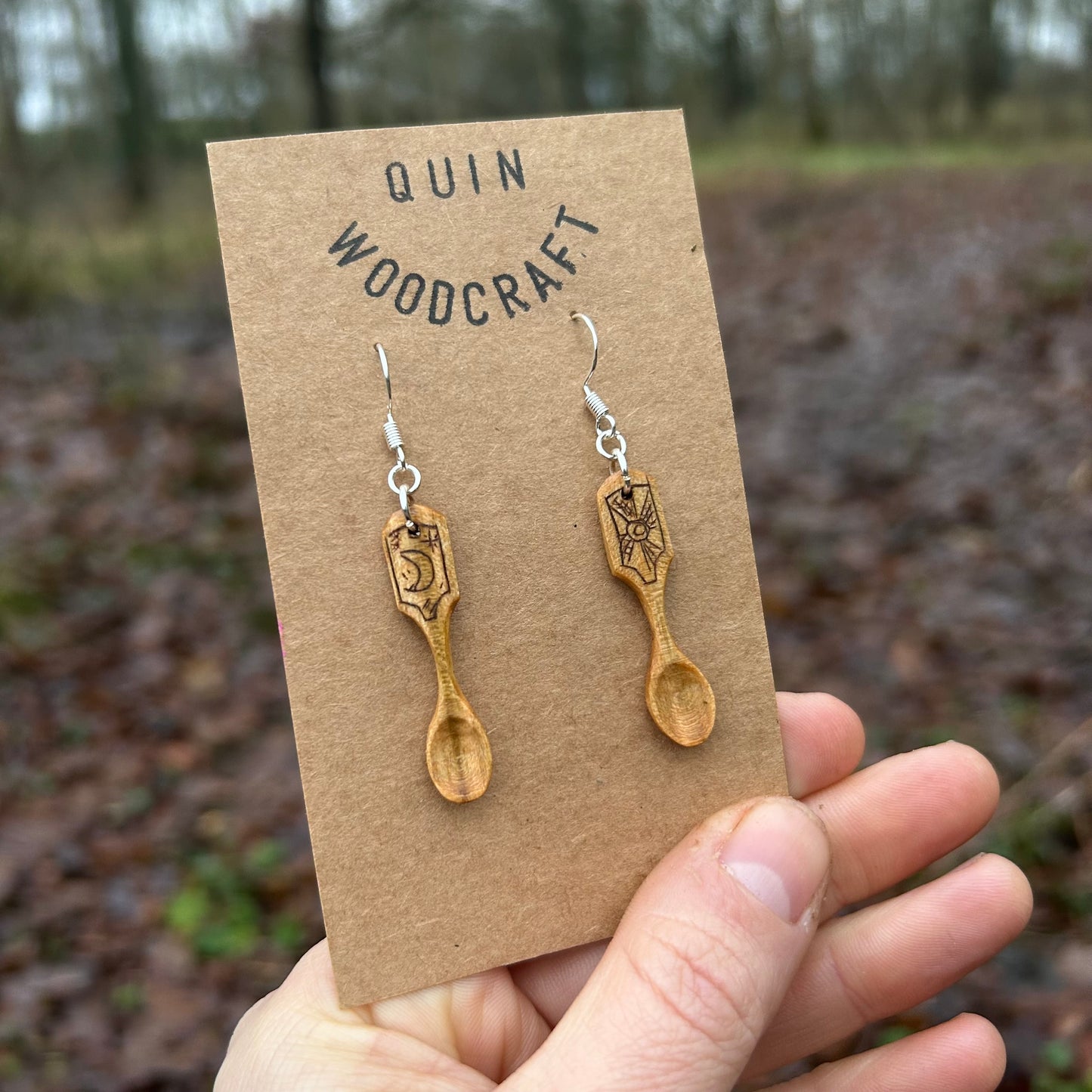 Tiny Spoon Earrings ~ Sun and Moon ~ Cherry Wood