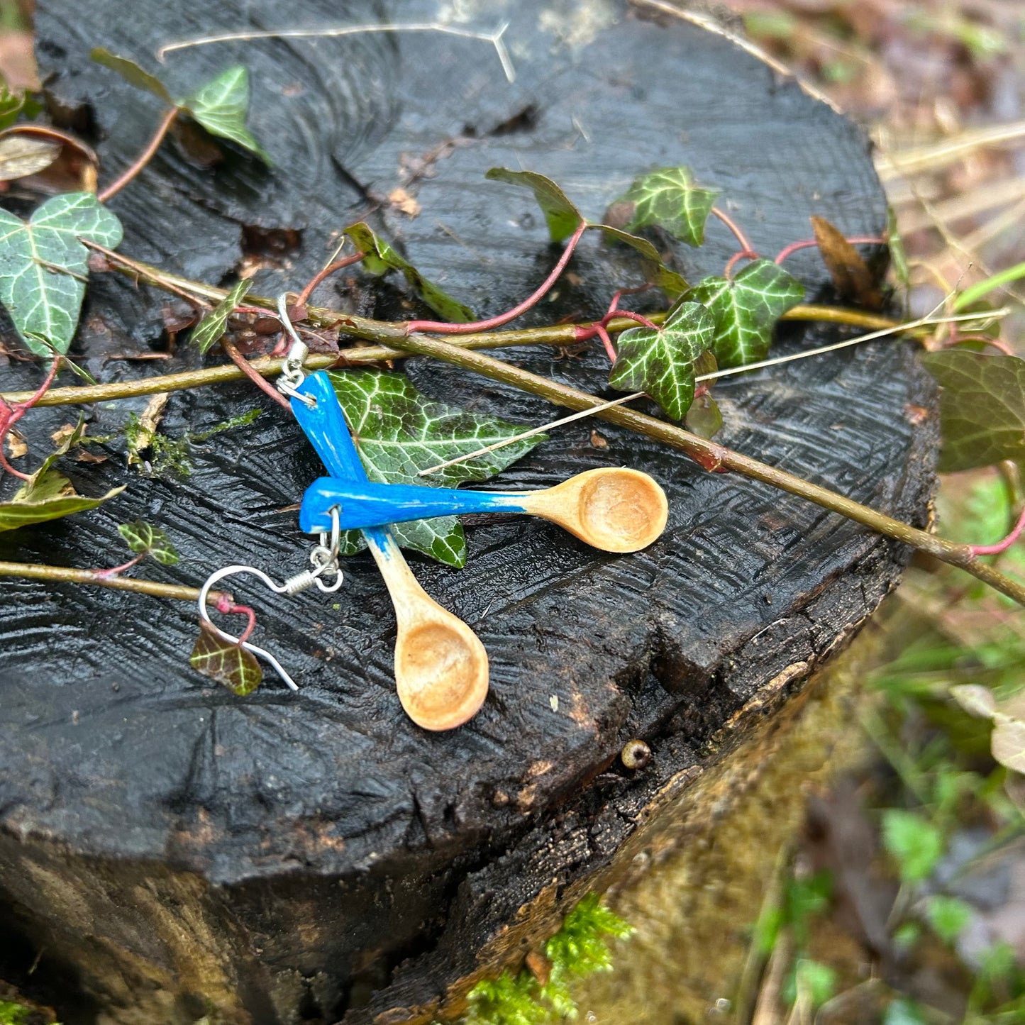 Tiny Spoon Earrings - Kingfisher Blue ~ Hazel Wood