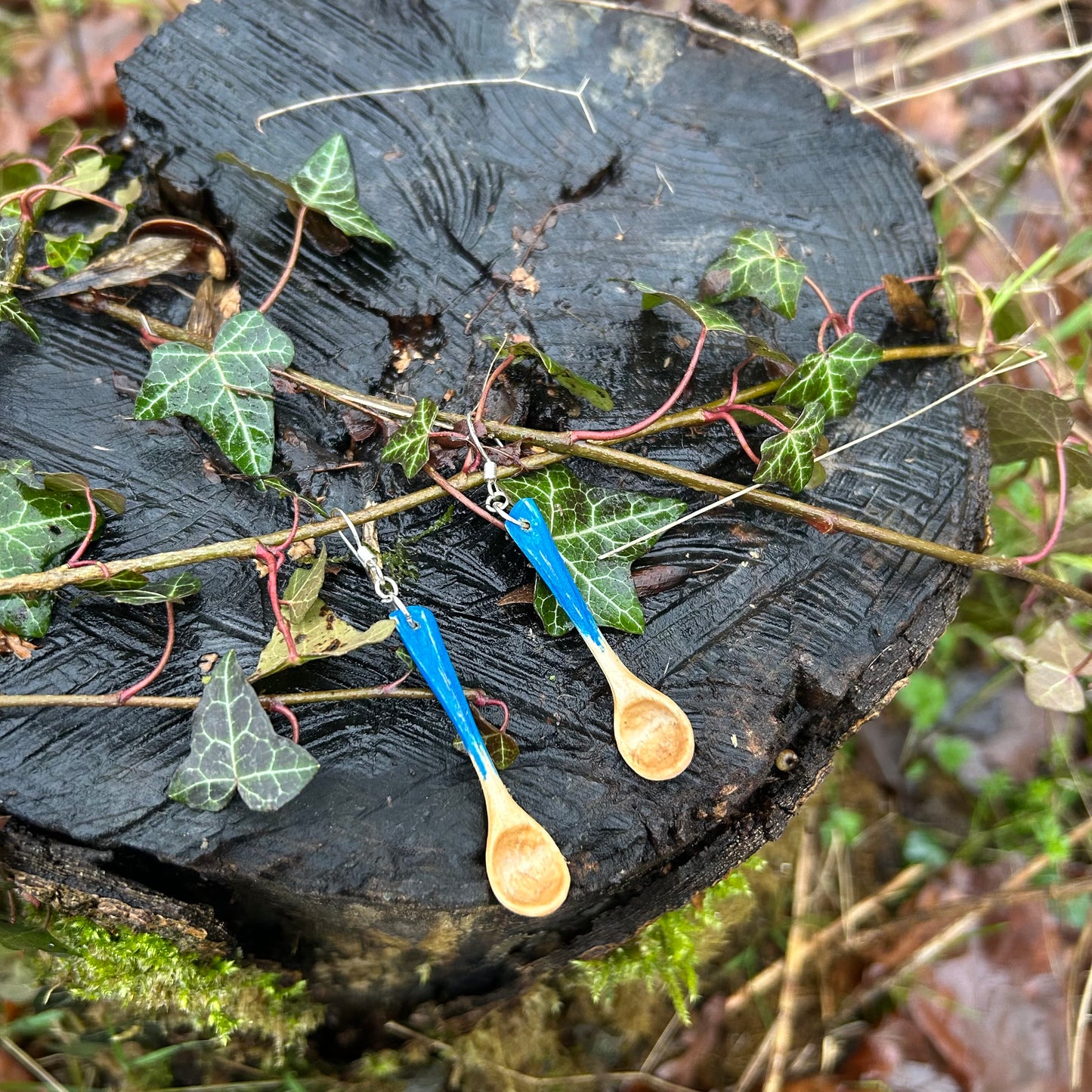 Tiny Spoon Earrings - Kingfisher Blue ~ Hazel Wood