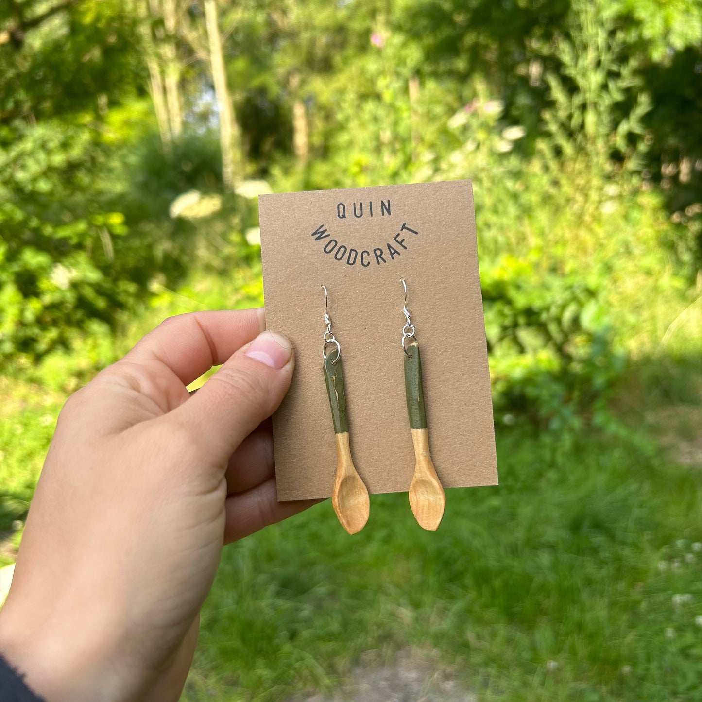 Tiny Spoon Earrings ~ Silver Birch (Green)