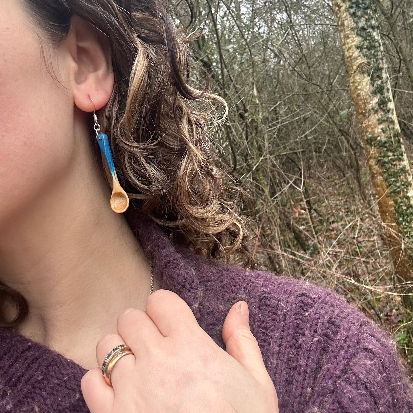 Tiny Spoon Earrings - Kingfisher Blue ~ Hazel Wood