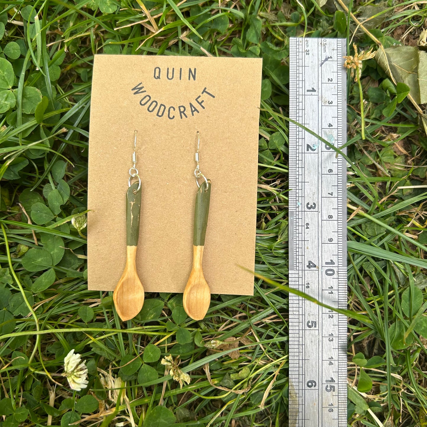 Tiny Spoon Earrings ~ Silver Birch (Green)