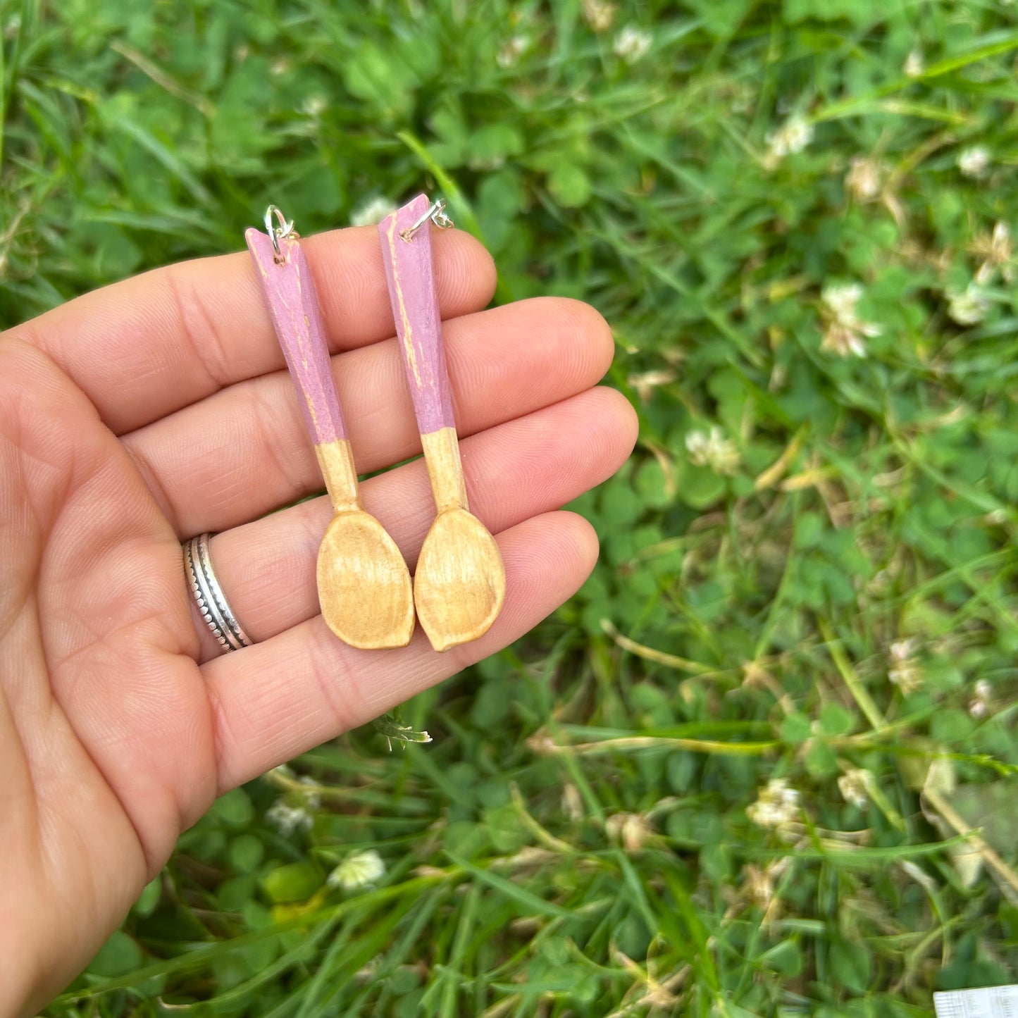 Tiny Spoon Earrings ~ Silver Birch (Pink)