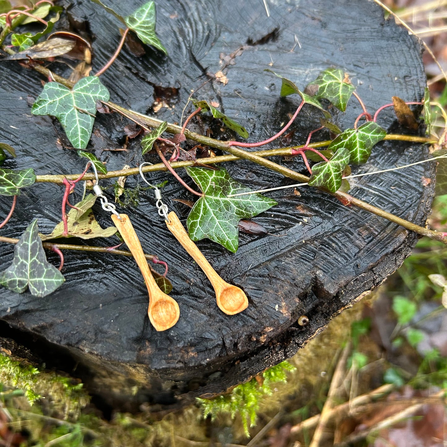 Tiny Spoon Earrings ~ Cherry Wood