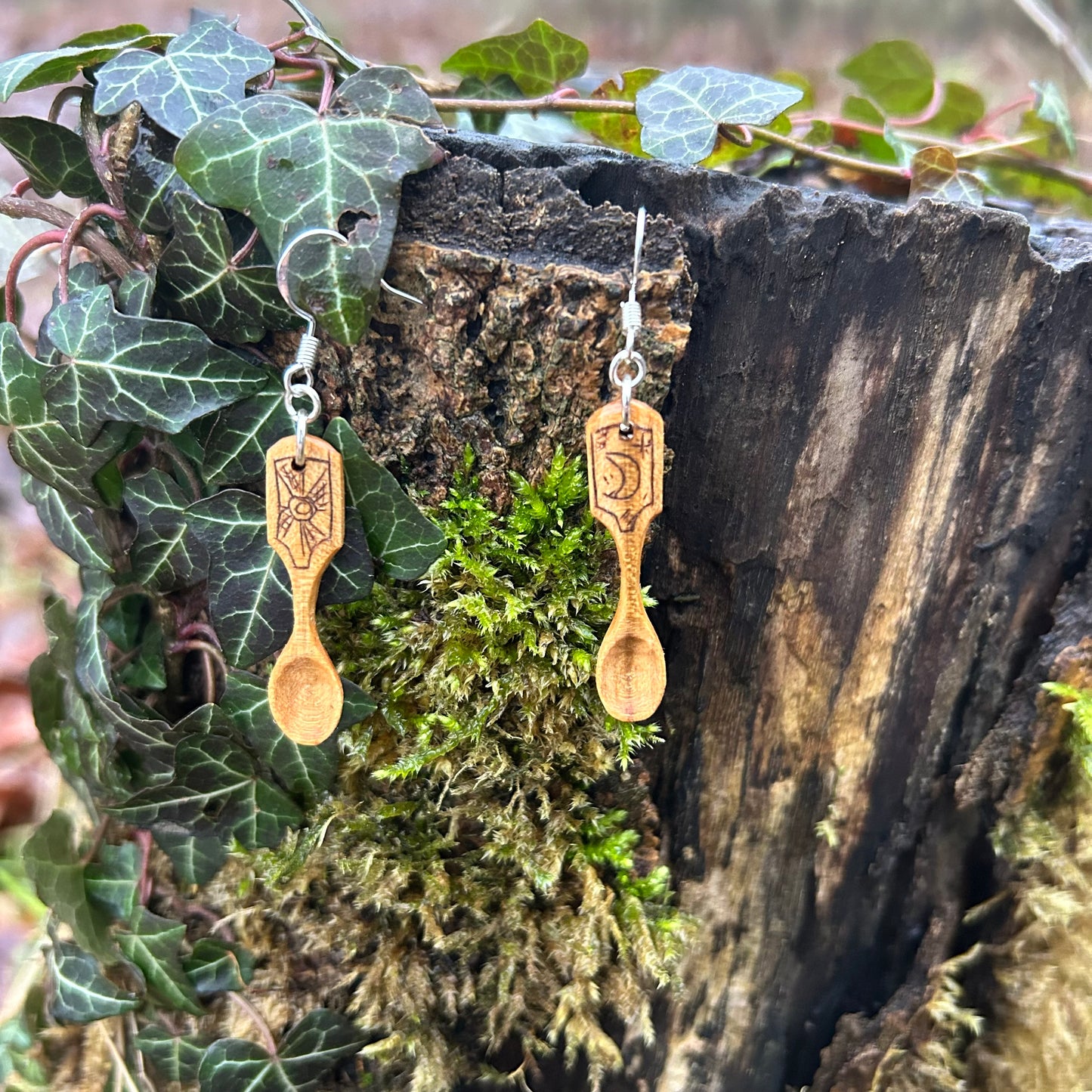 Tiny Spoon Earrings ~ Sun and Moon ~ Cherry Wood