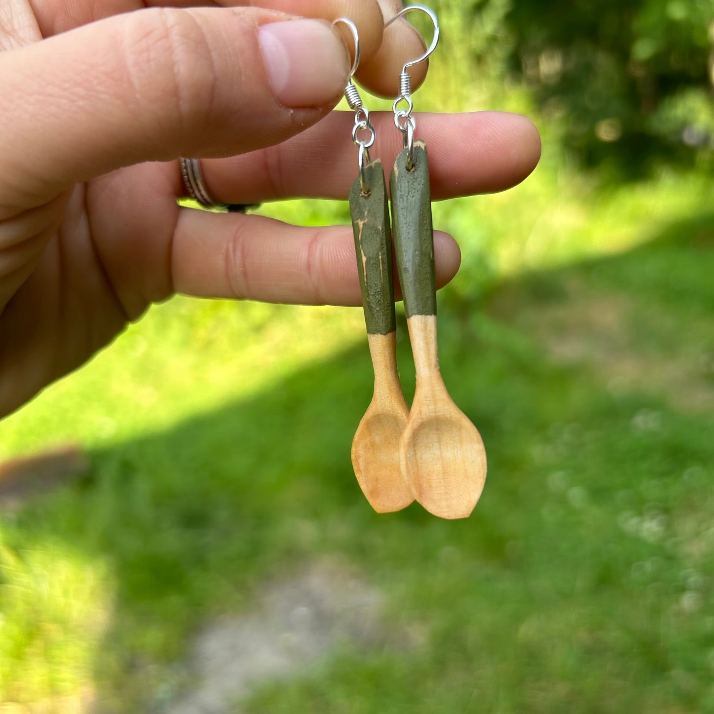 Tiny Spoon Earrings ~ Silver Birch (Green)