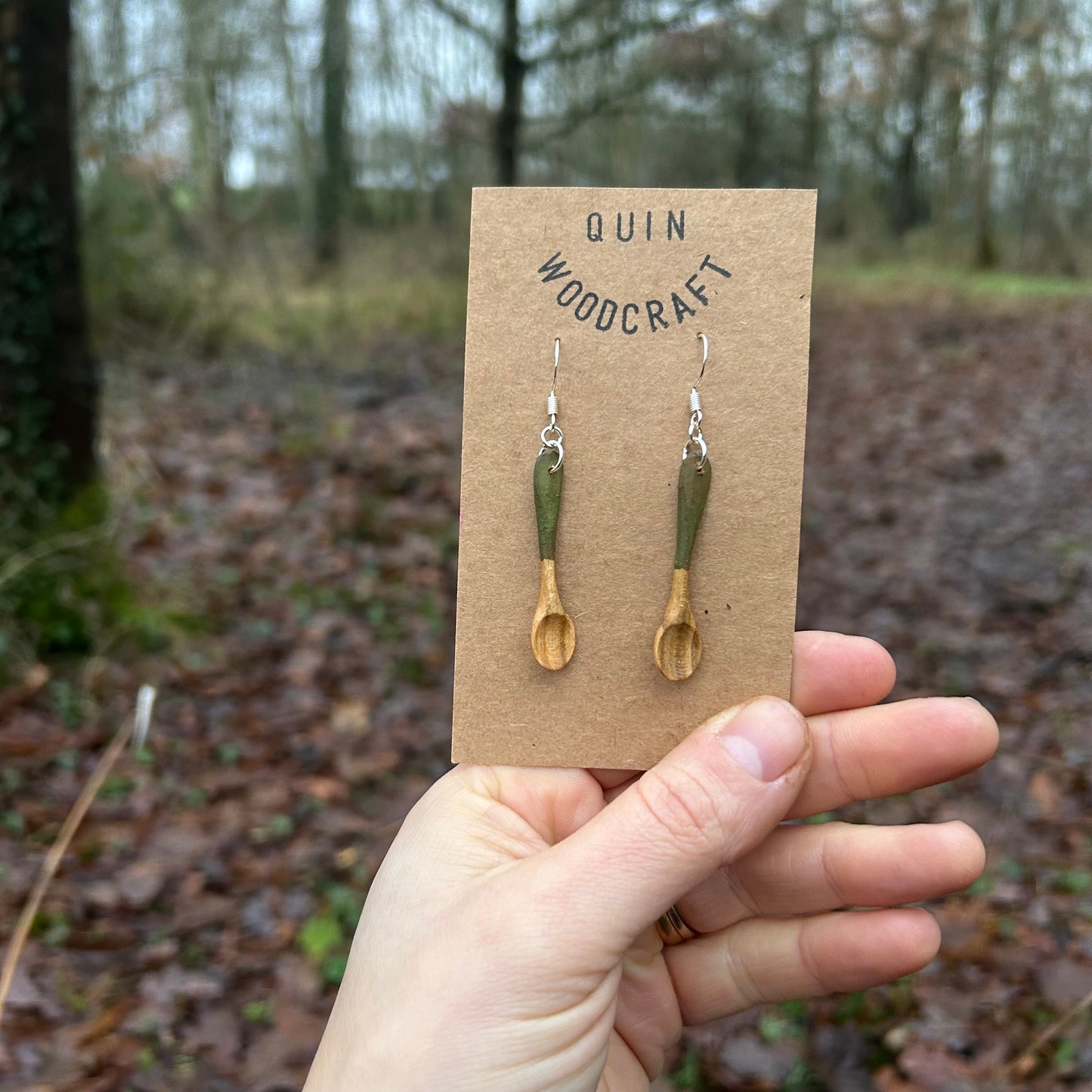 Tiny Spoon Earrings ~ Leaf Green ~ Cherry Wood