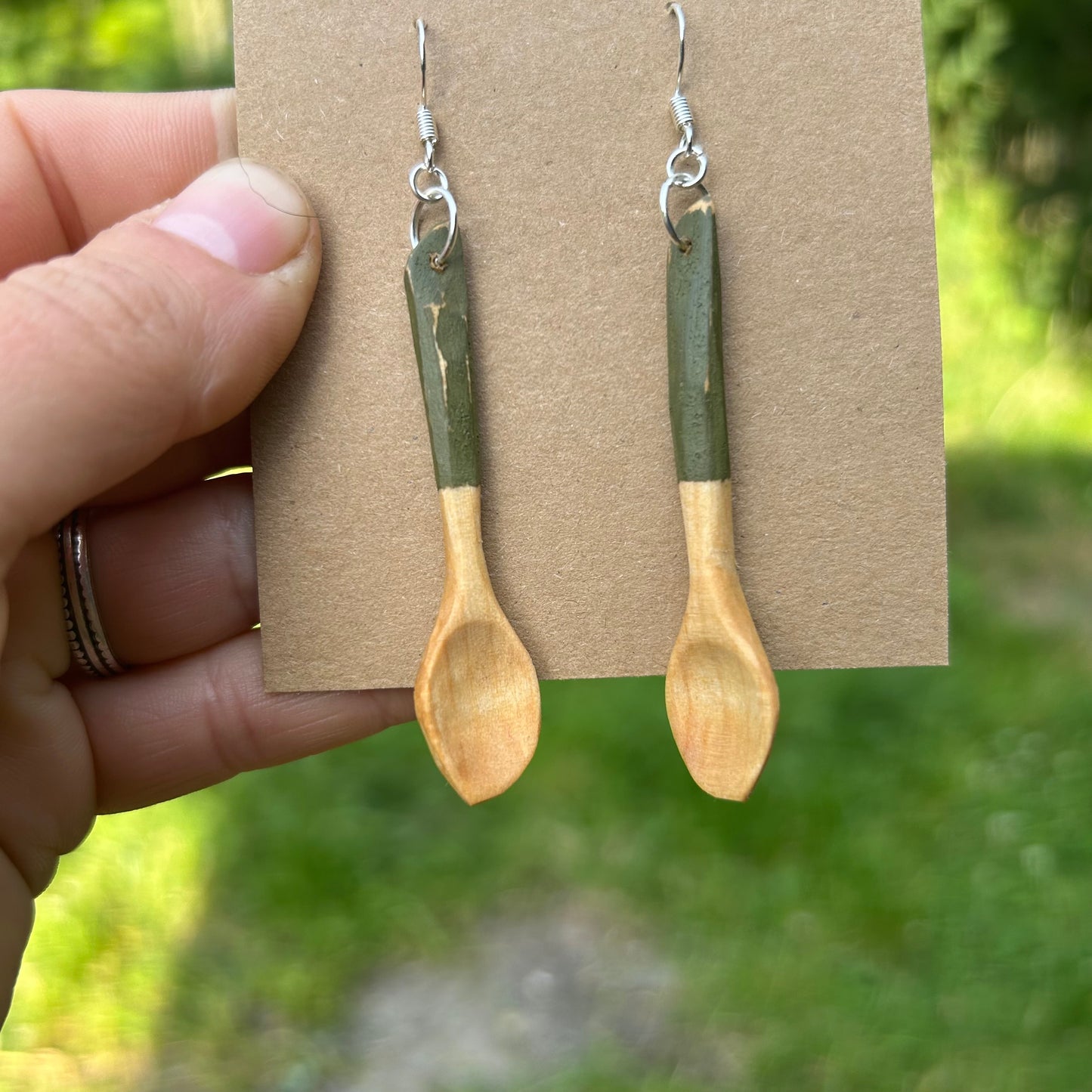 Tiny Spoon Earrings ~ Silver Birch (Green)