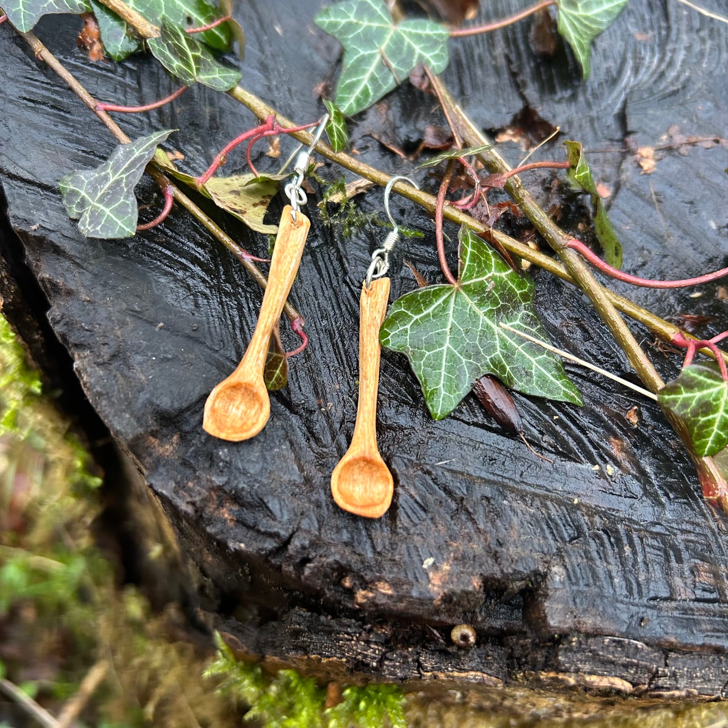 Tiny Spoon Earrings ~ Cherry Wood