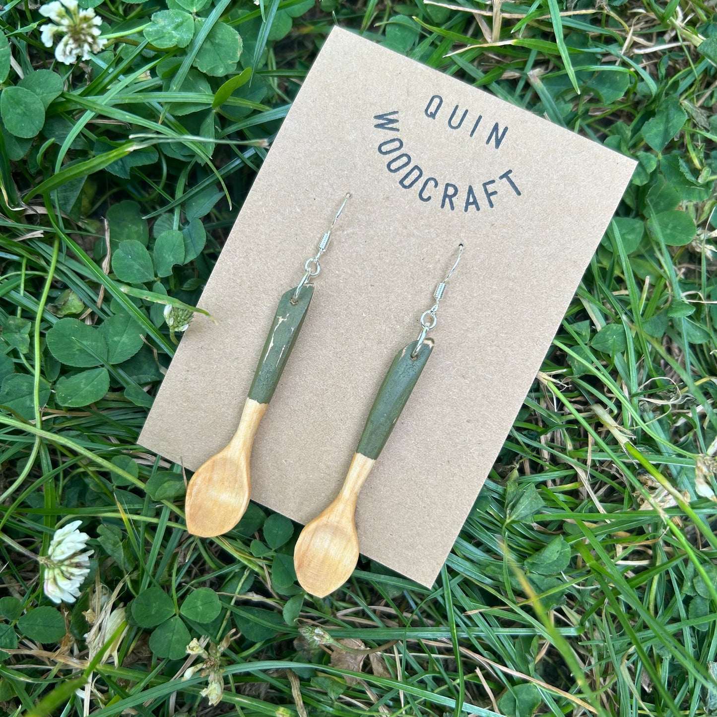 Tiny Spoon Earrings ~ Silver Birch (Green)