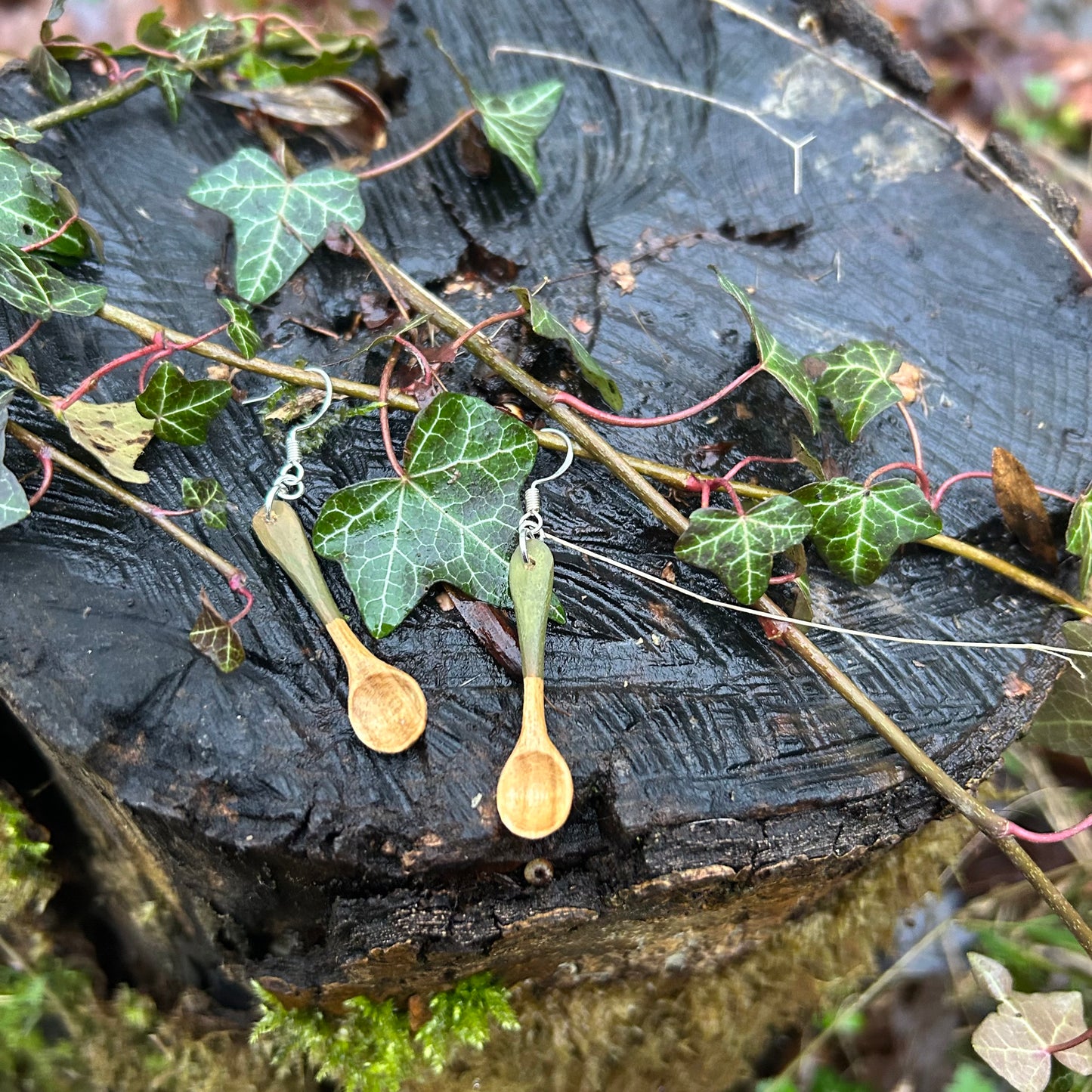Tiny Spoon Earrings ~ Leaf Green ~ Cherry Wood