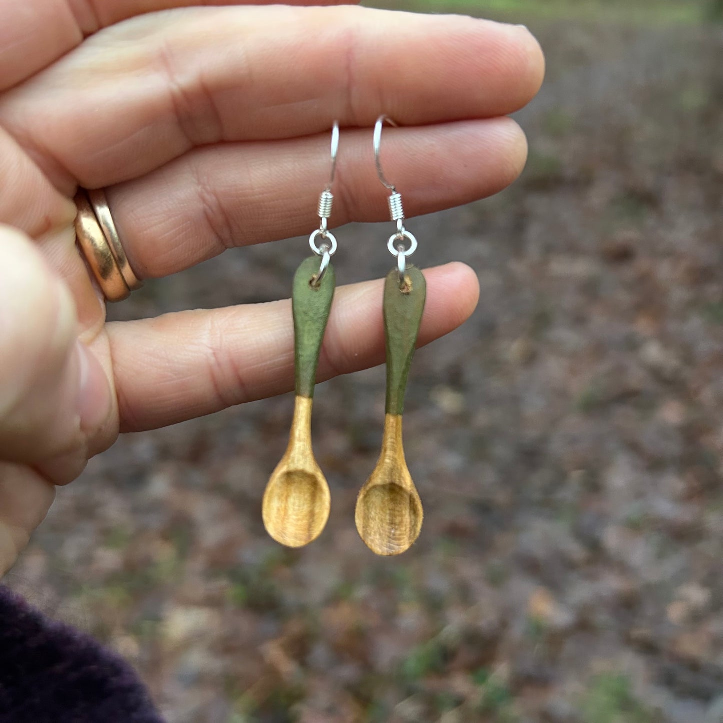 Tiny Spoon Earrings ~ Leaf Green ~ Cherry Wood