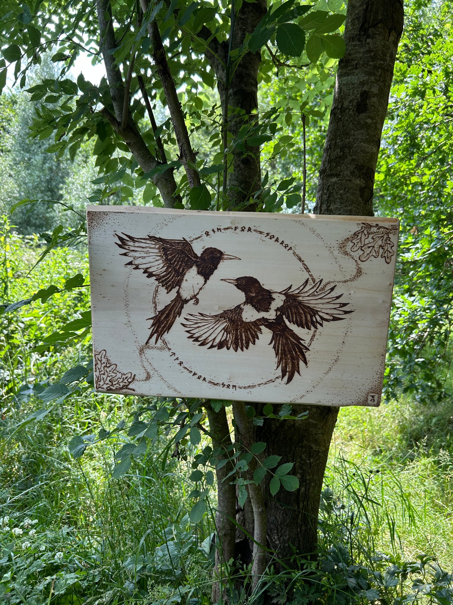 Two For Joy ~ Magpie Pyrography Wall Hanging