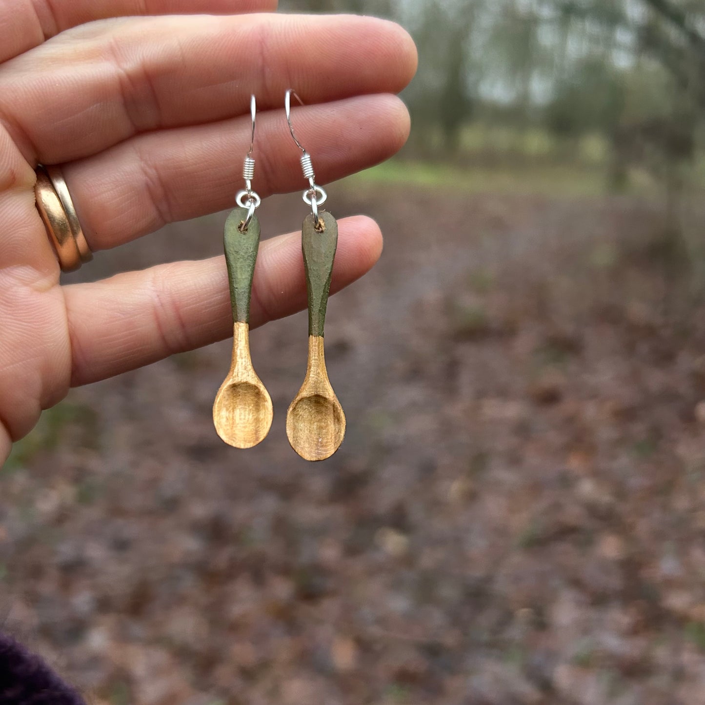 Tiny Spoon Earrings ~ Leaf Green ~ Cherry Wood