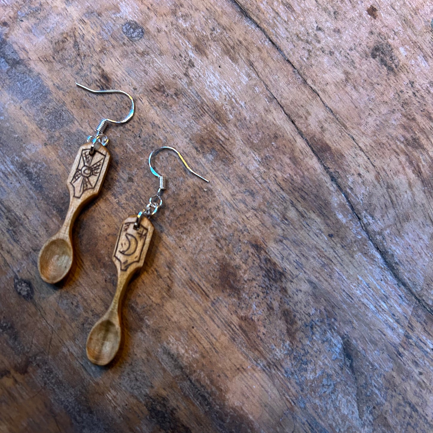 Tiny Spoon Earrings ~ Sun and Moon ~ Cherry Wood