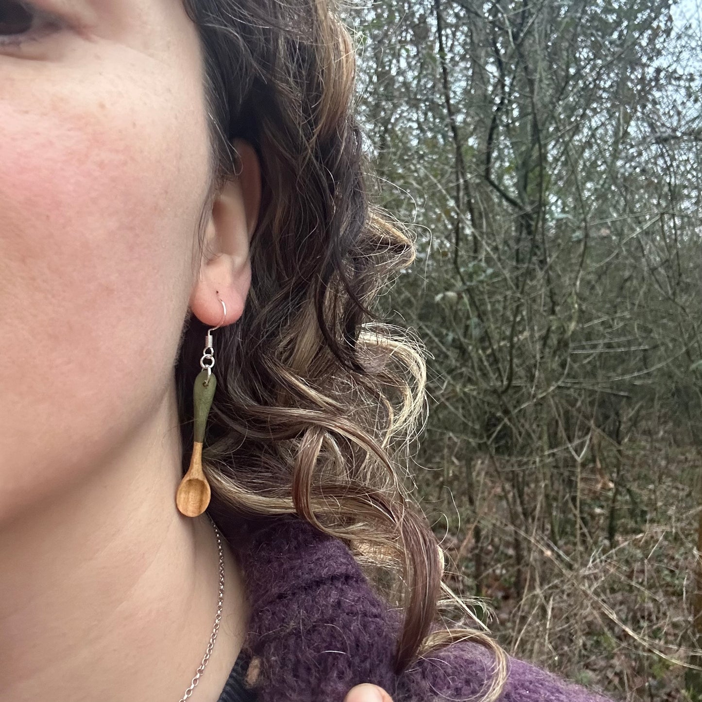 Tiny Spoon Earrings ~ Leaf Green ~ Cherry Wood