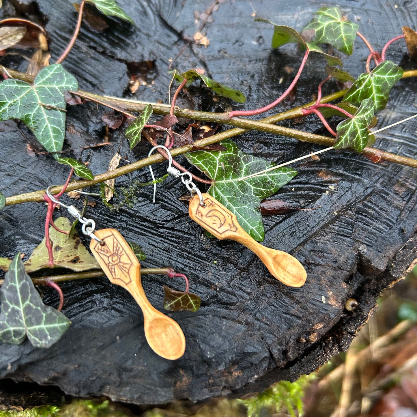 Tiny Spoon Earrings ~ Sun and Moon ~ Cherry Wood