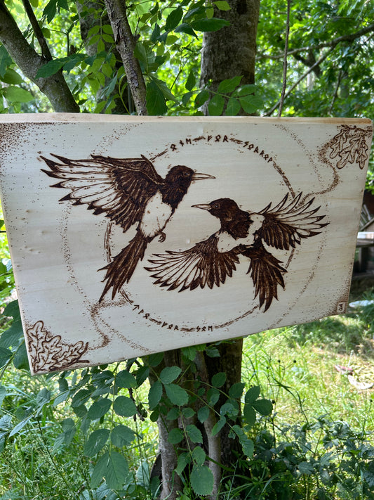 Two For Joy ~ Magpie Pyrography Wall Hanging