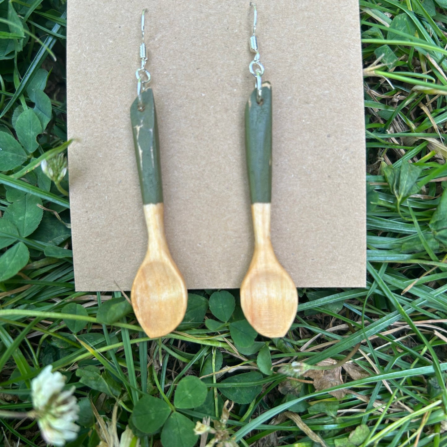 Tiny Spoon Earrings ~ Silver Birch (Green)