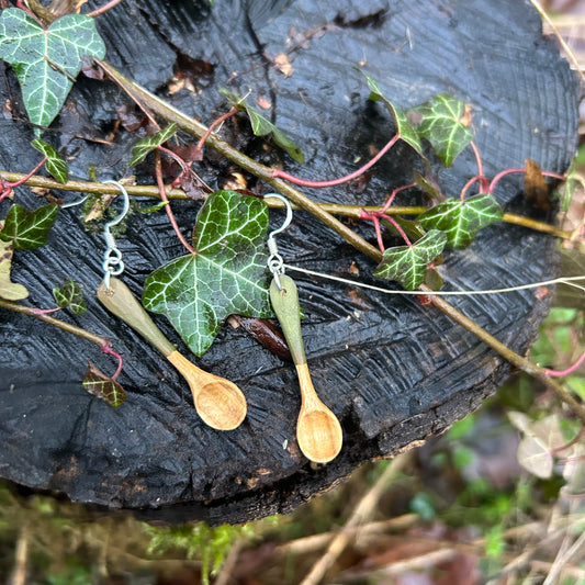 Tiny Spoon Earrings ~ Leaf Green ~ Cherry Wood