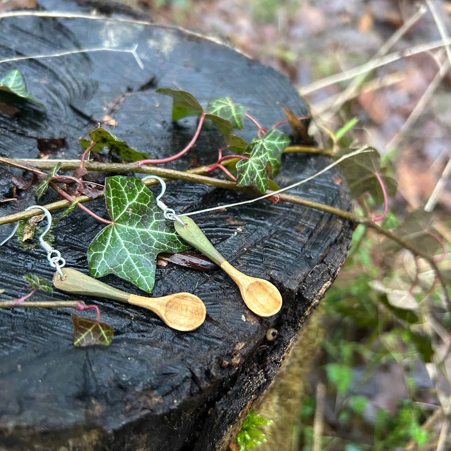 Tiny Spoon Earrings ~ Leaf Green ~ Cherry Wood