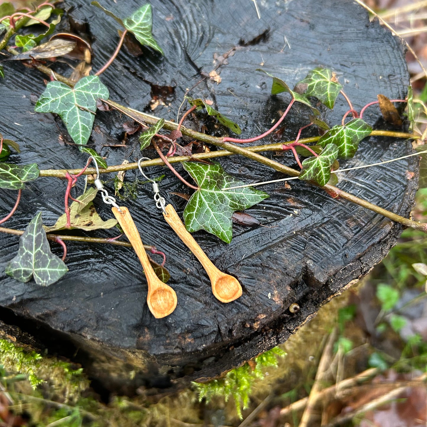 Tiny Spoon Earrings ~ Cherry Wood