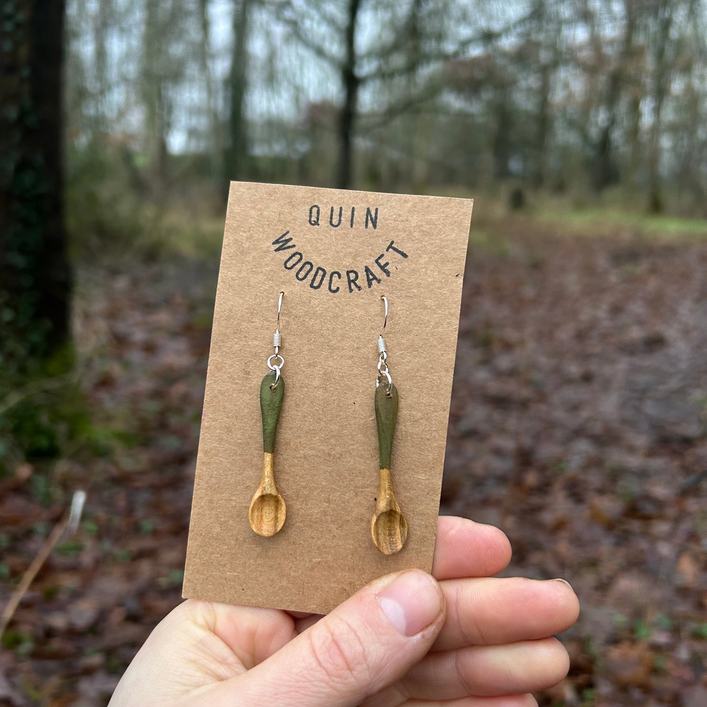 Tiny Spoon Earrings ~ Leaf Green ~ Cherry Wood