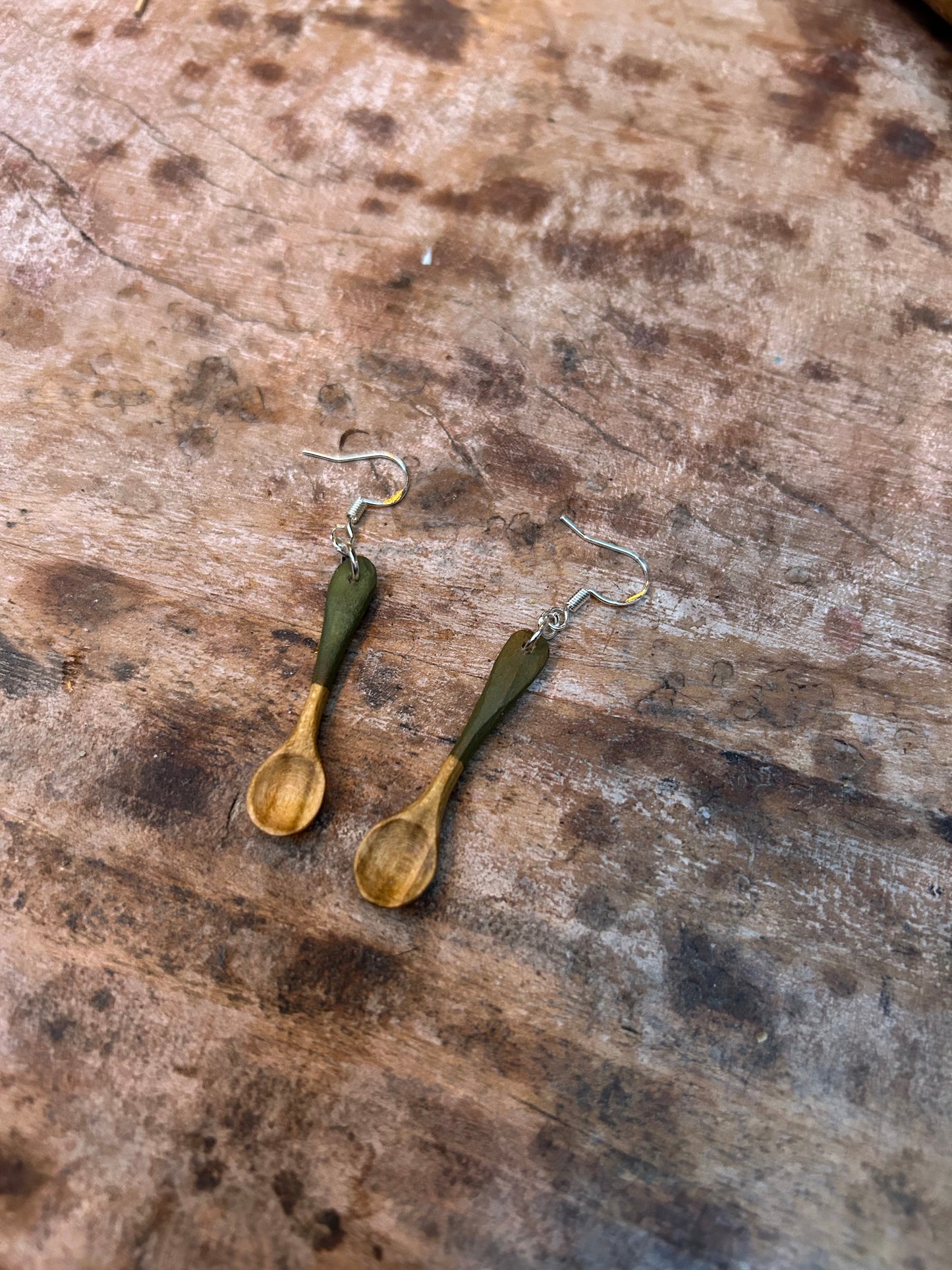 Tiny Spoon Earrings ~ Leaf Green ~ Cherry Wood