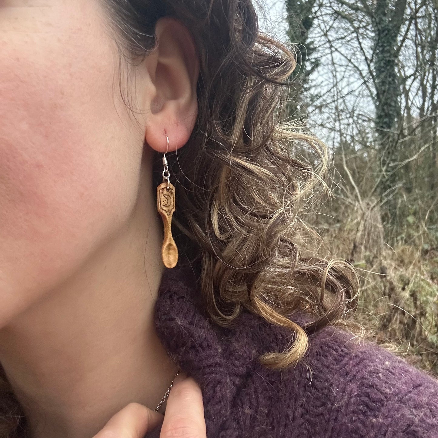 Tiny Spoon Earrings ~ Sun and Moon ~ Cherry Wood