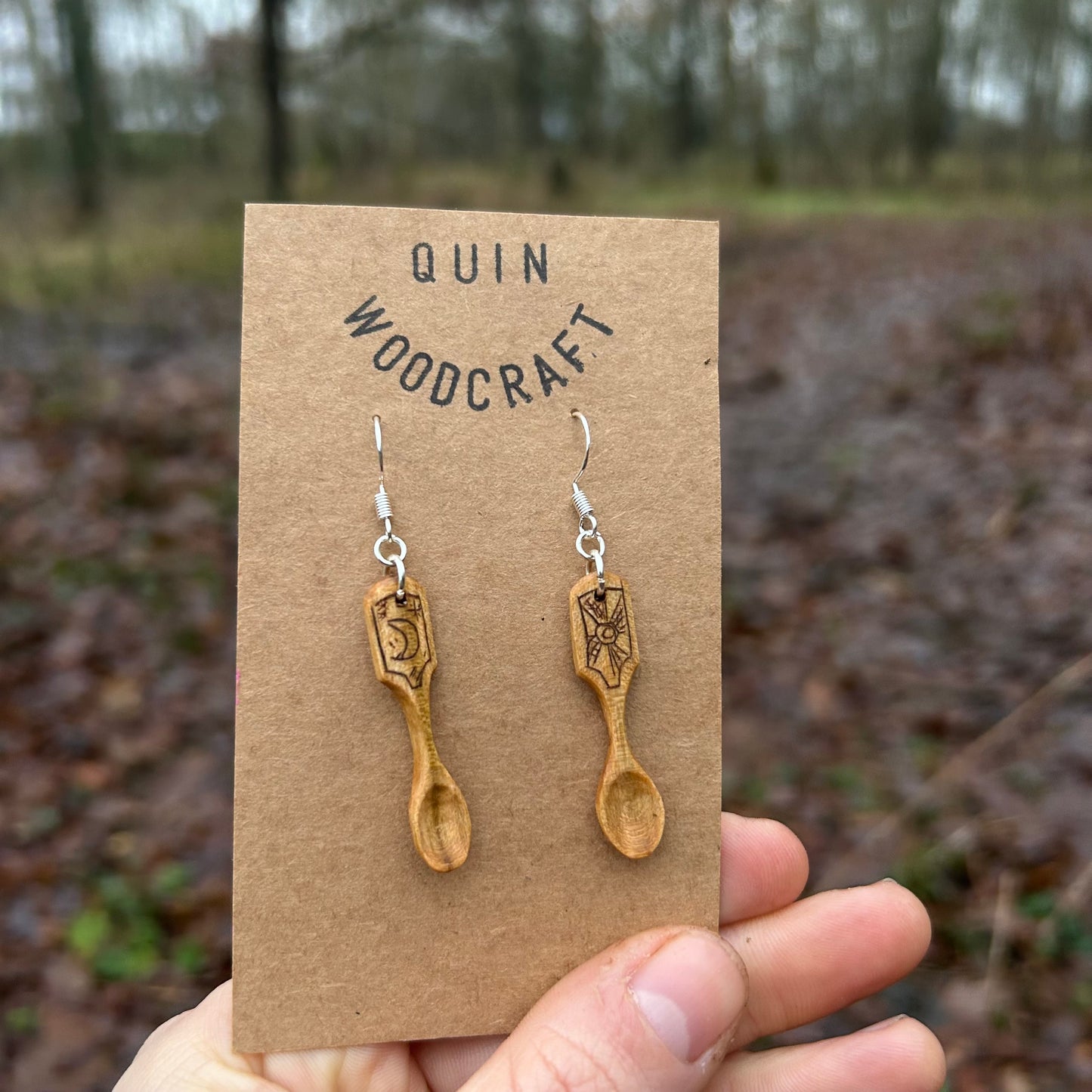 Tiny Spoon Earrings ~ Sun and Moon ~ Cherry Wood