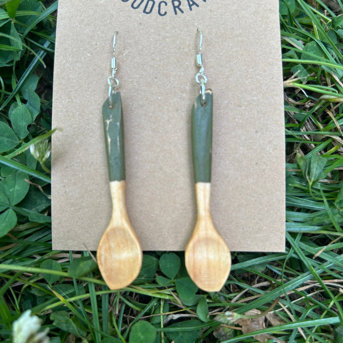 Tiny Spoon Earrings ~ Silver Birch (Green)