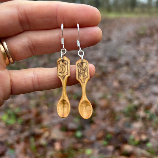 Tiny Spoon Earrings ~ Sun and Moon ~ Cherry Wood