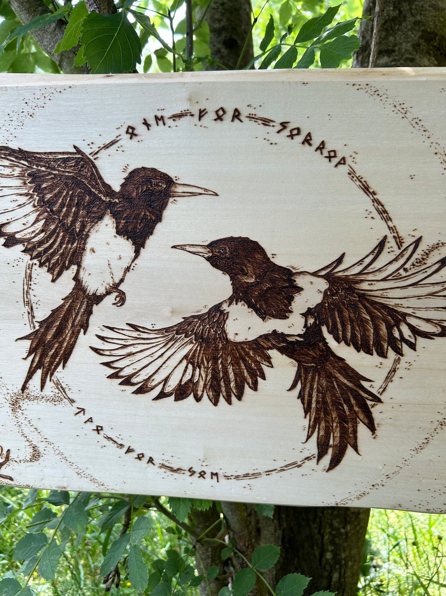 Two For Joy ~ Magpie Pyrography Wall Hanging