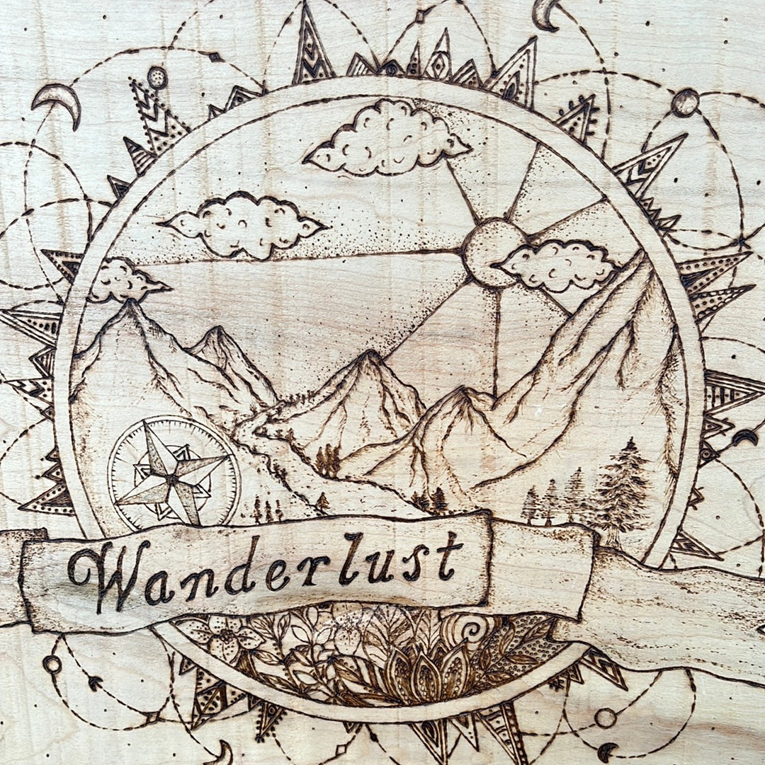 ‘Wanderlust’ Pyrography Art Piece on Sycamore