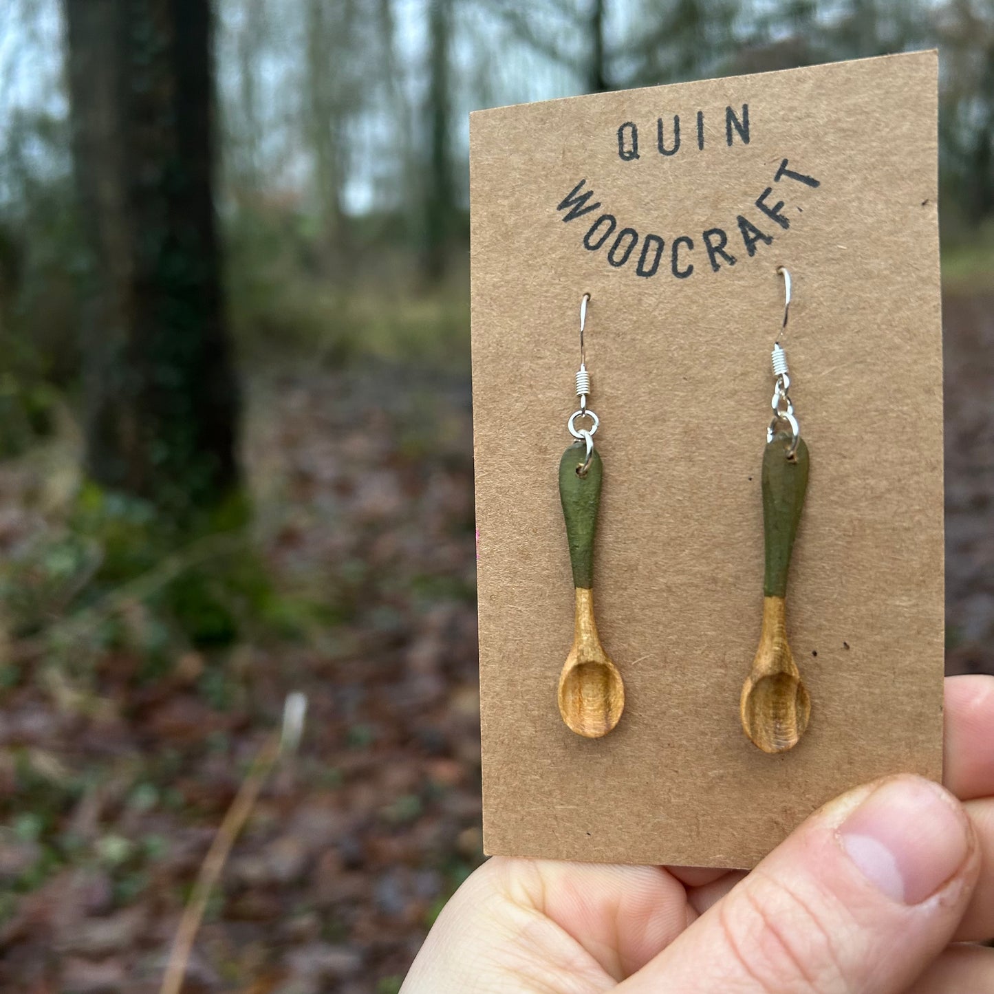 Tiny Spoon Earrings ~ Leaf Green ~ Cherry Wood