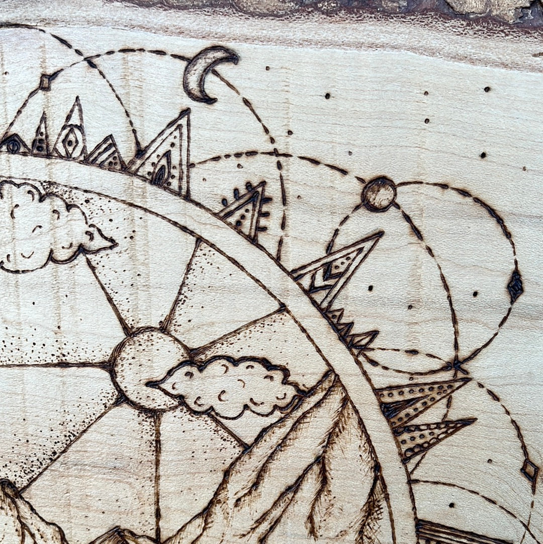 ‘Wanderlust’ Pyrography Art Piece on Sycamore