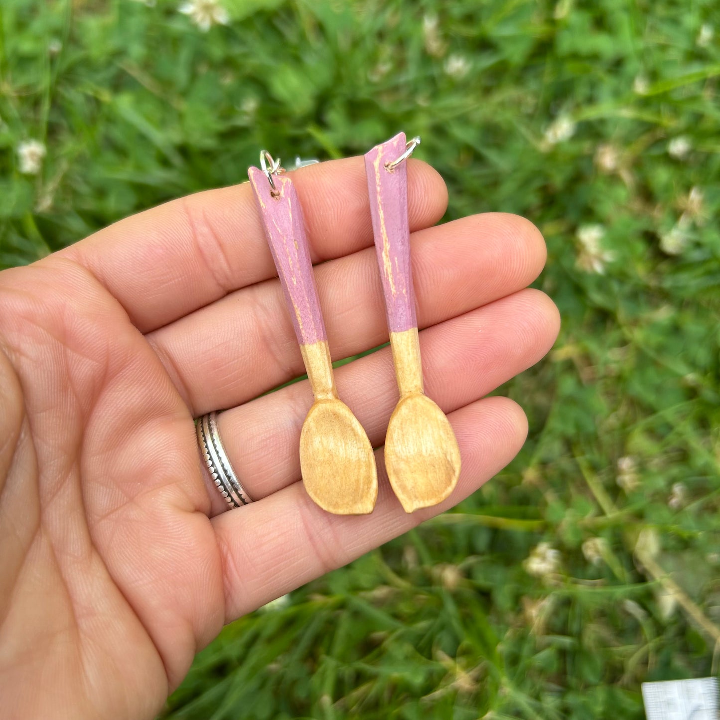 Tiny Spoon Earrings ~ Silver Birch (Pink)