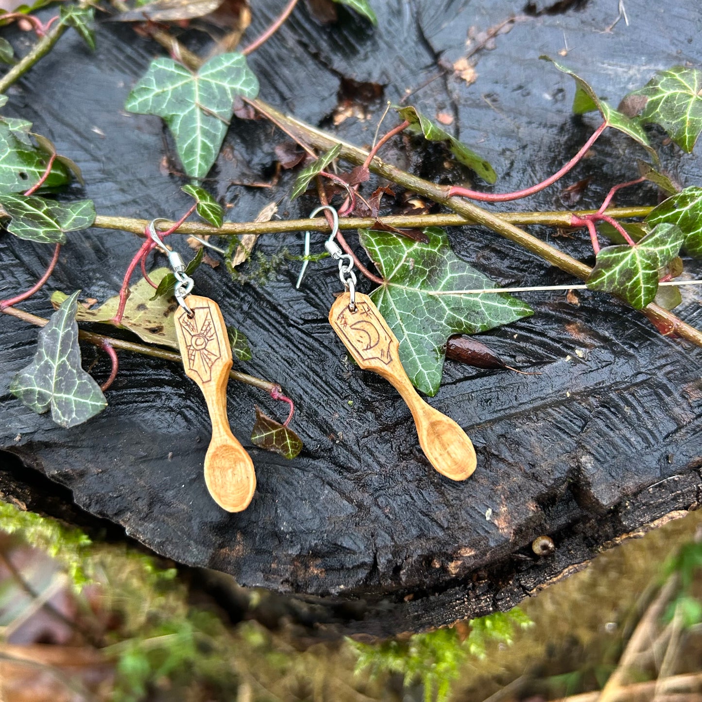 Tiny Spoon Earrings ~ Sun and Moon ~ Cherry Wood